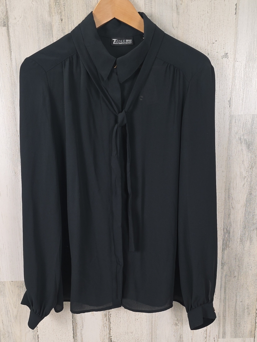 7th Avenue New York & Co Black Tie Neck Long Sleeve Blouse Size Large NEW